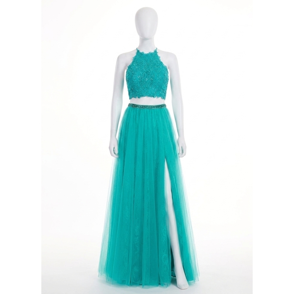 NEW RACHEL ALLAN embroidered lace tulle two-piece prom dress in jade